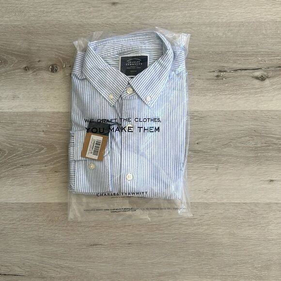 Charles Tyrwhitt Button Collar Stretch Oxford Stripe Ocean Blue L NWT IN PKG - Picture 5 of 7